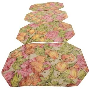 Reversible Placemats Lot of 4 Pink Floral Peach Fruit Design Water Resistant